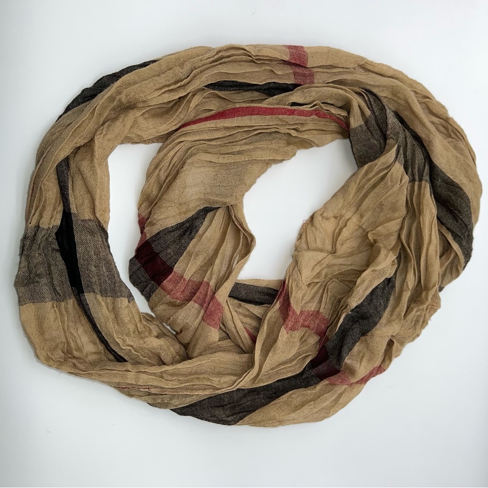 Elegant Tan and Black with Red Plaid/Striped Infinity Scarf